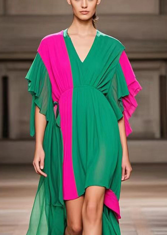 Green Asymmetrical Patchwork Chiffon Ankle Dress Summer