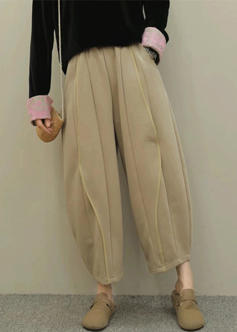 Grey Pockets Elastic Waist Patchwork Cotton Pants Fall