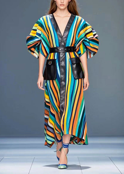 Rainbow Striped Patchwork Pockets Cotton Dress Puff Sleeve