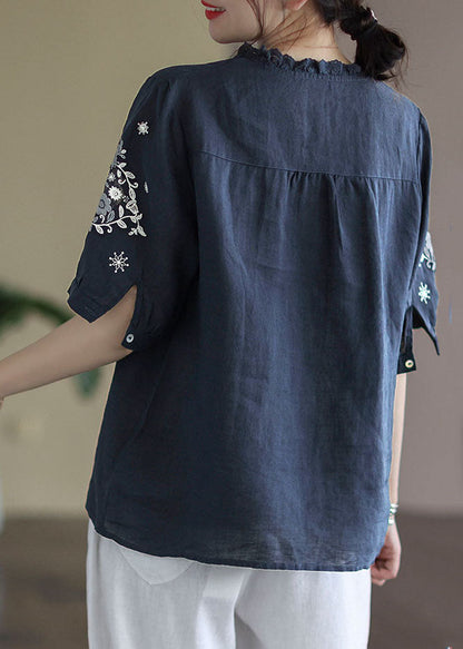Navy Baggy Linen Blouses Wrinkled Embroidered Short Sleeve