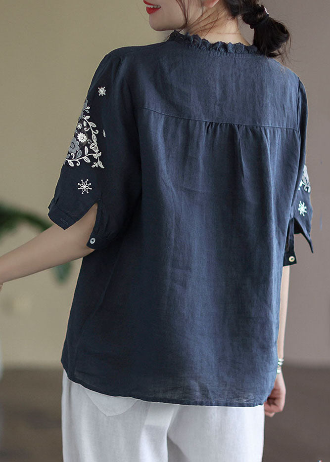 Navy Baggy Linen Blouses Wrinkled Embroidered Short Sleeve