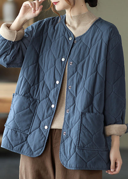 Hot Khaki O-neck Pockets Button Winter Coats Parkas