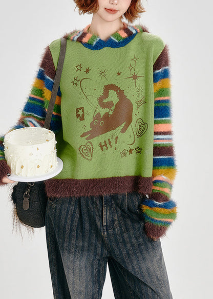Grass Green Hooded Patchwork Striped Knit Sweatshirt Winter