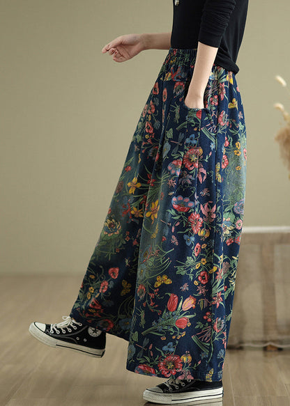 Navy Oversized Print Denim Wide Leg Pants Summer