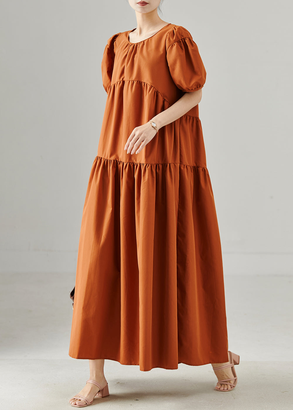 Caramel Oversized Patchwork Cotton Long Dresses Puff Sleeve