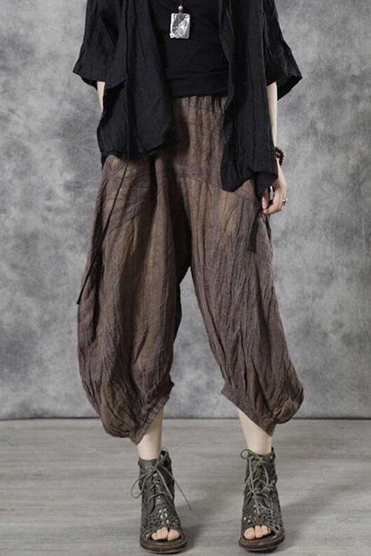 Linen Pleated Elastic Waist Pocket Lantern Pants