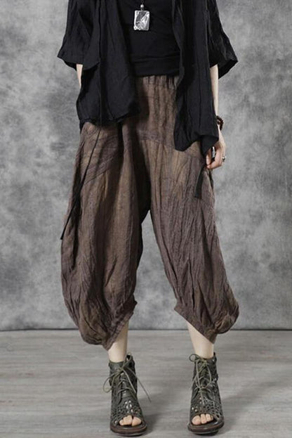 Linen Pleated Elastic Waist Pocket Lantern Pants