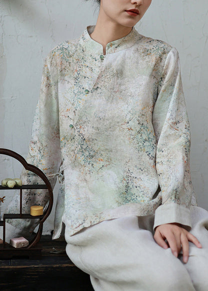 New Chinese Style Printed Linen Top Lace Up Spring