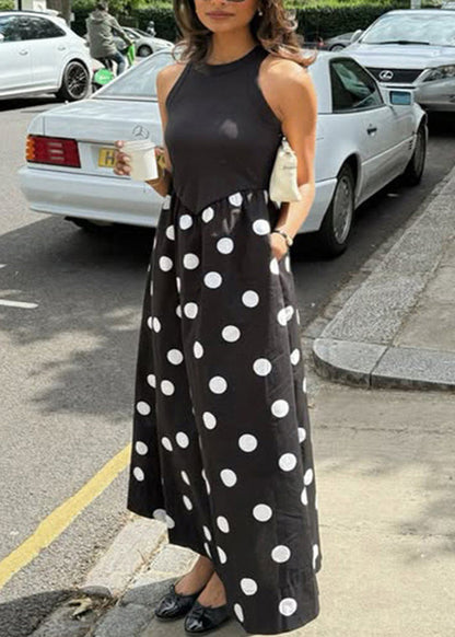 New Black Dot Print Patchwork Cotton Dresses Sleeveless