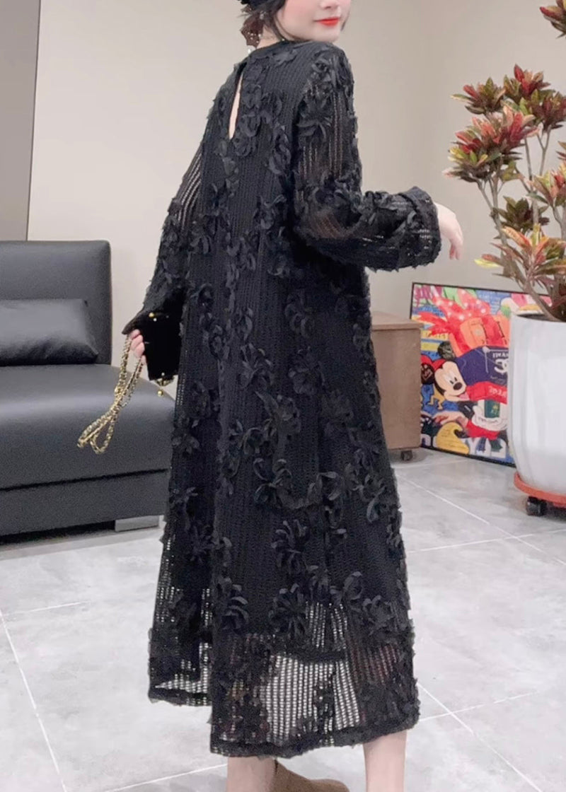 Vogue Black O-neck Hollow Out Maxi Dress Fall