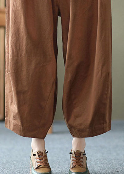 Dark Chocolate Elastic Waist Pockets Cotton Harem Pants Summer
