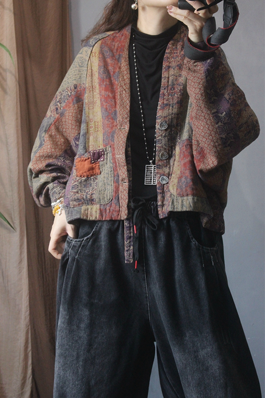 -new Doll Sleeve Linen Short Jacket Loose Print Cardigan