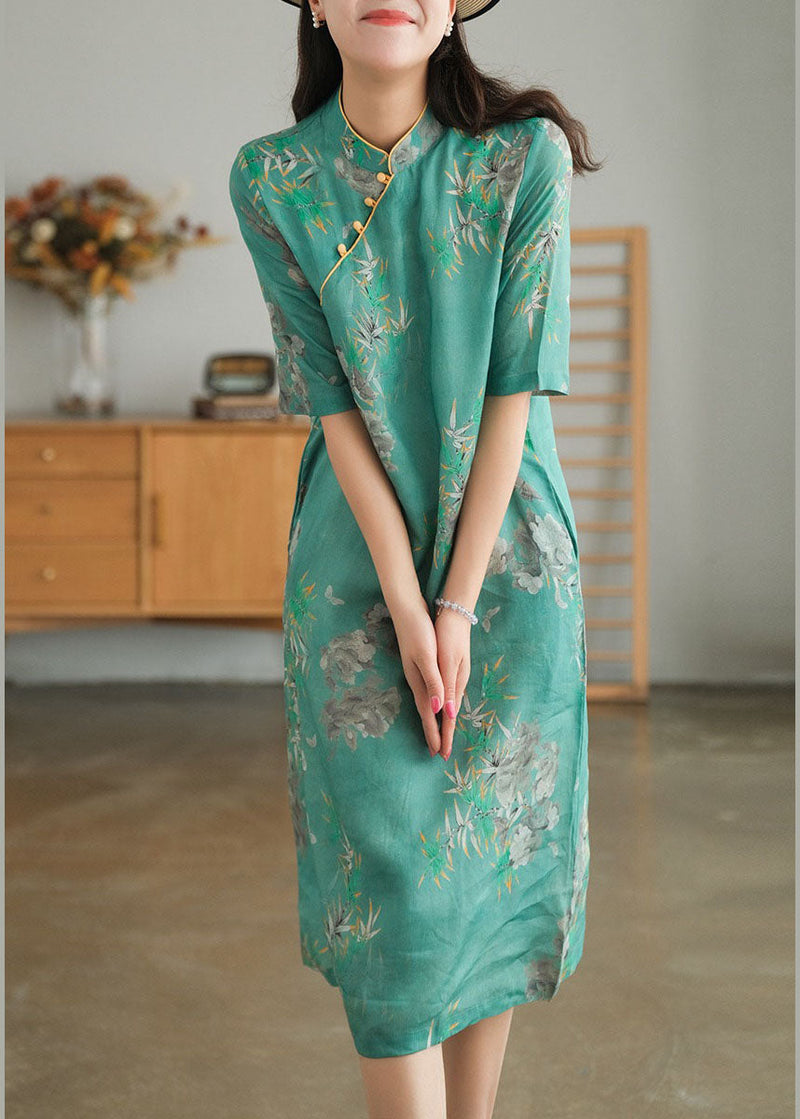 Green Stand Collar Print Cotton Cheongsam Dress Short Sleeve