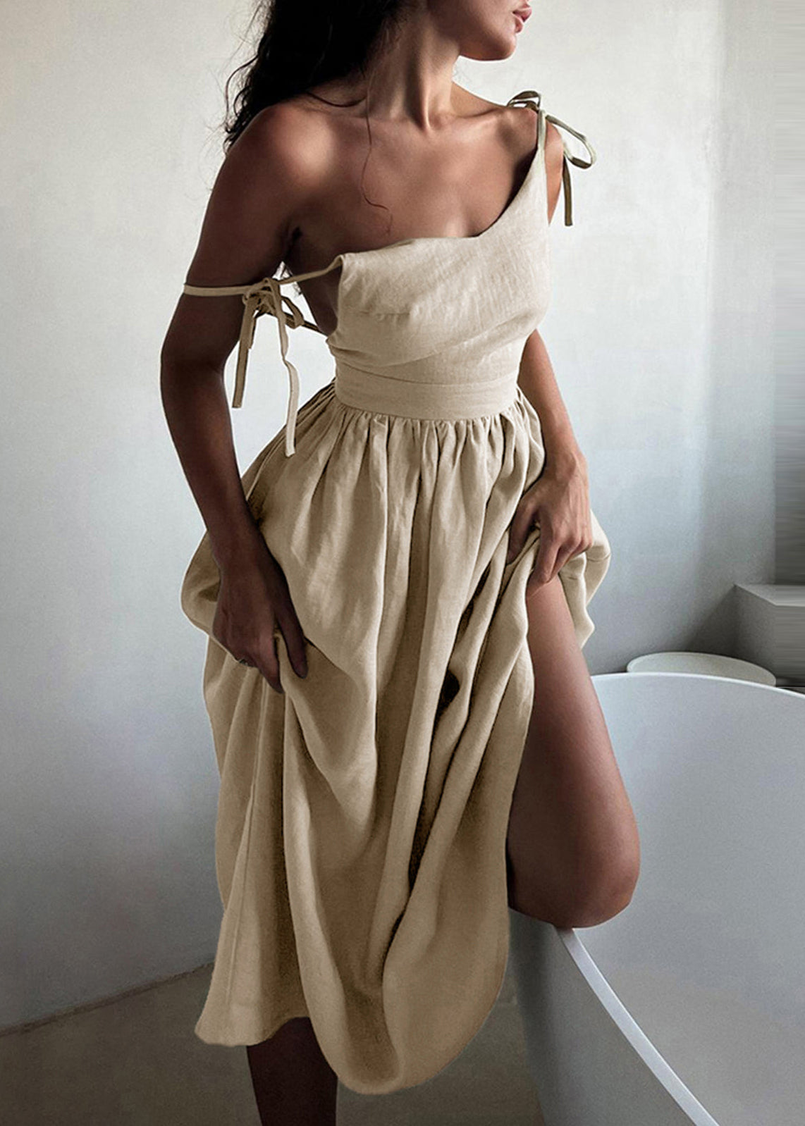 French Khaki Lace Up Wrinkled Patchwork Cotton Vacation Dresses Summer