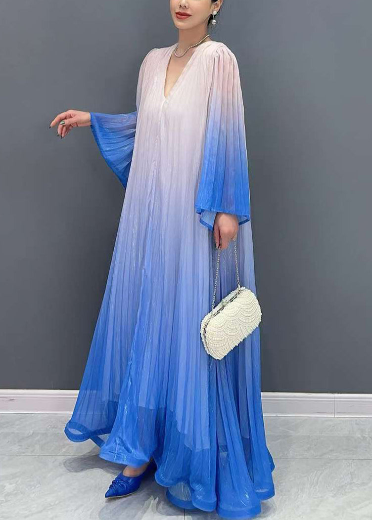 Blue Gradient Color V Neck Wrinkled Long Dress Flare Sleeve