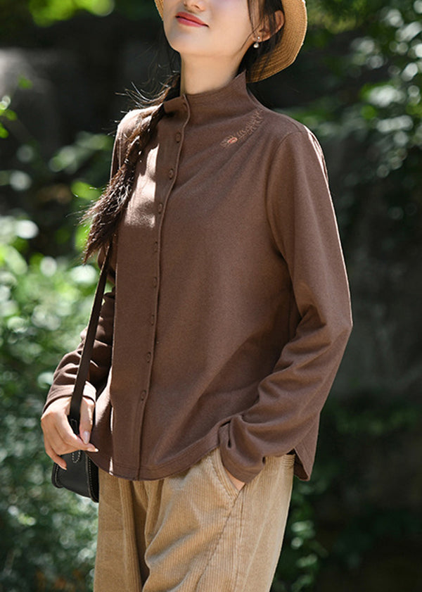 New Coffee Half High Neck Embroidered Button Cotton Top Spring