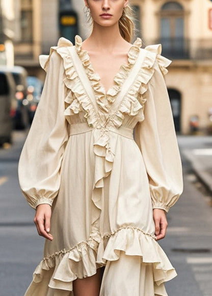 Champagne Color Ruffled Side Open Party Dress Fall