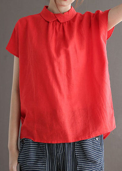 Red Patchwork Linen Shirts Tops Peter Pan Collar Button Summer