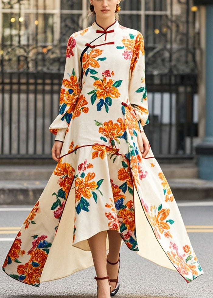 Apricot Print Asymmetrical Side Open Chinese Style Dress Fall