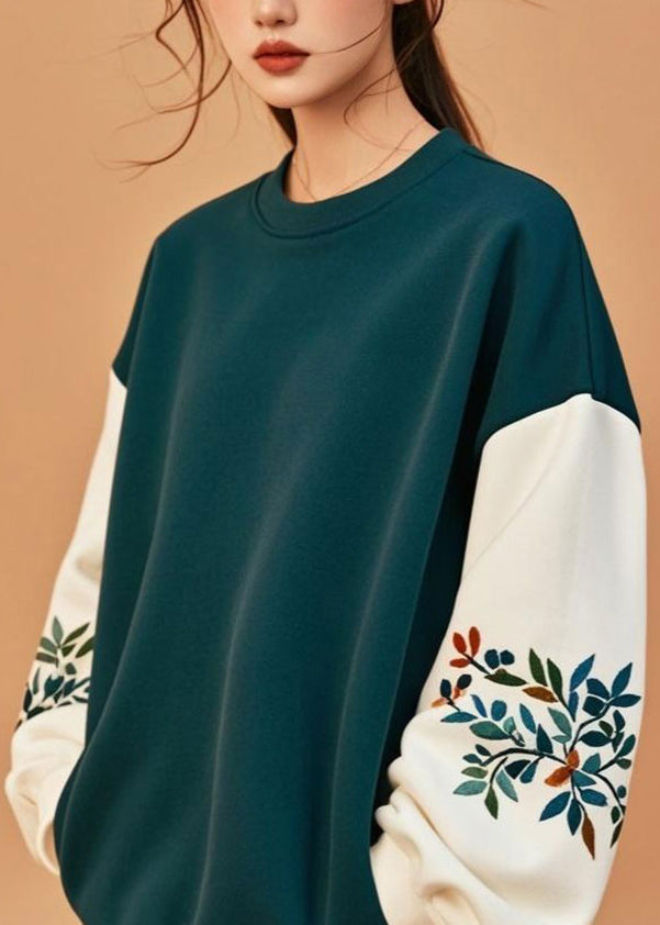 Green O-neck Patchwork Sweatshirt Top Fall