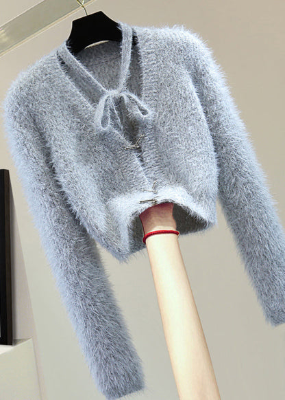 Classy Grey V Neck Bow Ma Hai Mao Cotton Knit Sweaters Winter