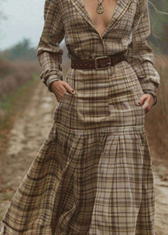 V Neck Plaid Patchwork Cotton Maxi Dress Spring