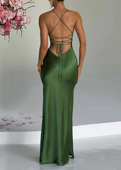 Green Side Open Silk Spaghetti Strap Dress Summer