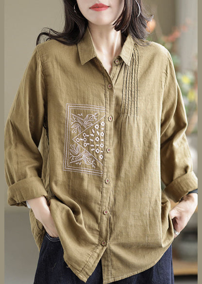 Khaki Lapel Embroidered Wrinkled Linen Shirt Tops Spring