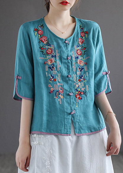Modern White V Neck Embroidered Button Linen Shirt Half Sleeve