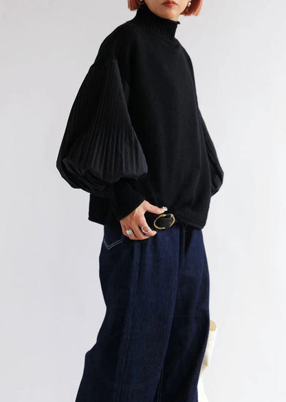 Army Green Hign Neck Wrinkled Patchwork Knitted Tops Lantern Sleeve