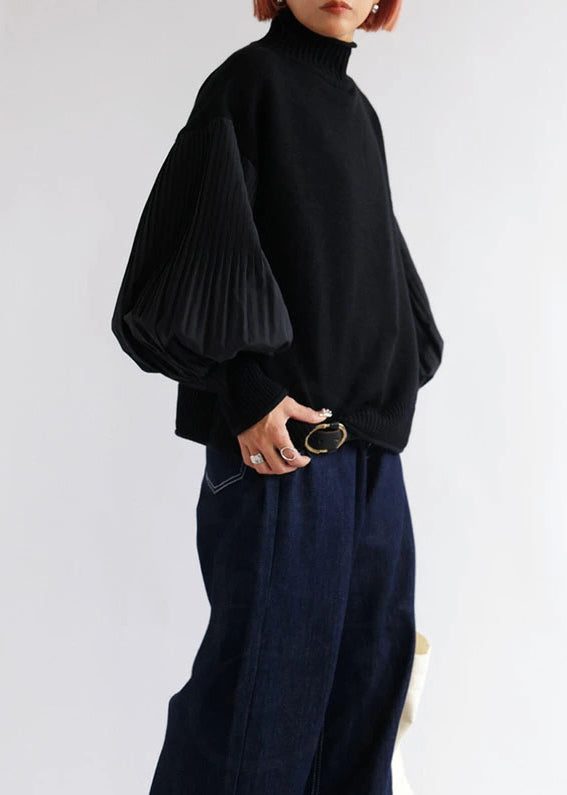 Army Green Hign Neck Wrinkled Patchwork Knitted Tops Lantern Sleeve