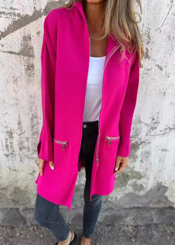 Black Zip Up Pockets Cotton Hooded Coats Fall