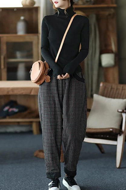 Cotton Linen Plaid Elastic Waist Pants