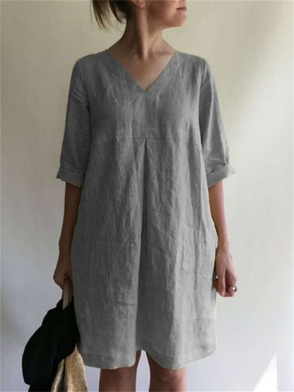 V-neck Color Cotton Linen Loose Dresses