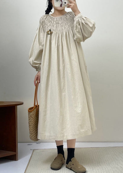 Beige Cotton Dresses Lace Up Long Sleeve