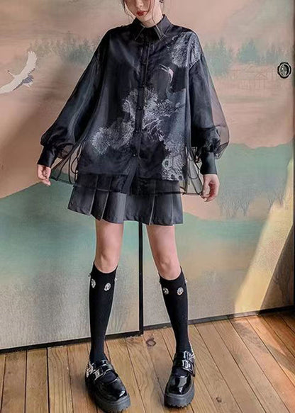 Black Peter Pan Collar Print Tulle Patchwork Silk Shirts Long Sleeve