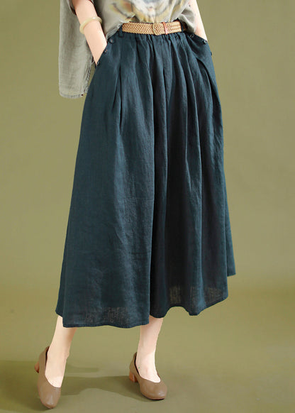 Navy Wrinkled Linen Skirts Elastic Waist Summer