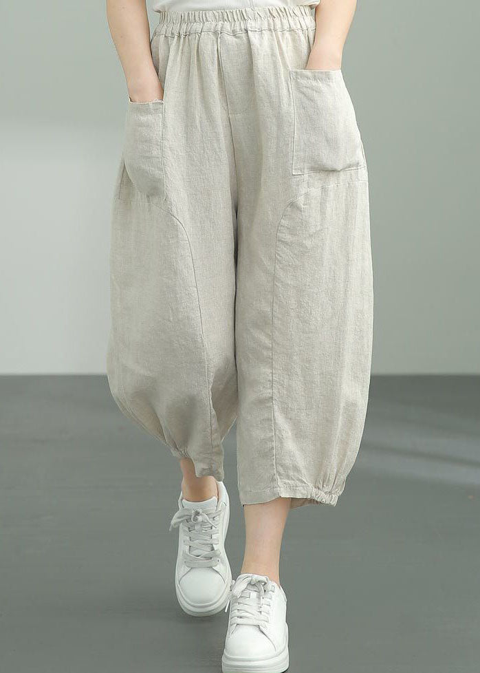 Beige Pockets Patchwork Linen Lantern Pants Summer