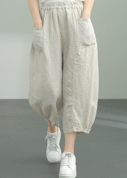 Beige Pockets Patchwork Linen Lantern Pants Summer