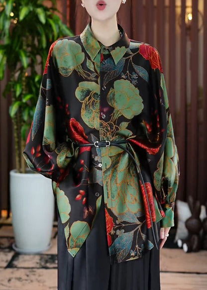 Green Peter Pan Collar Print Button Silk Shirt Fall