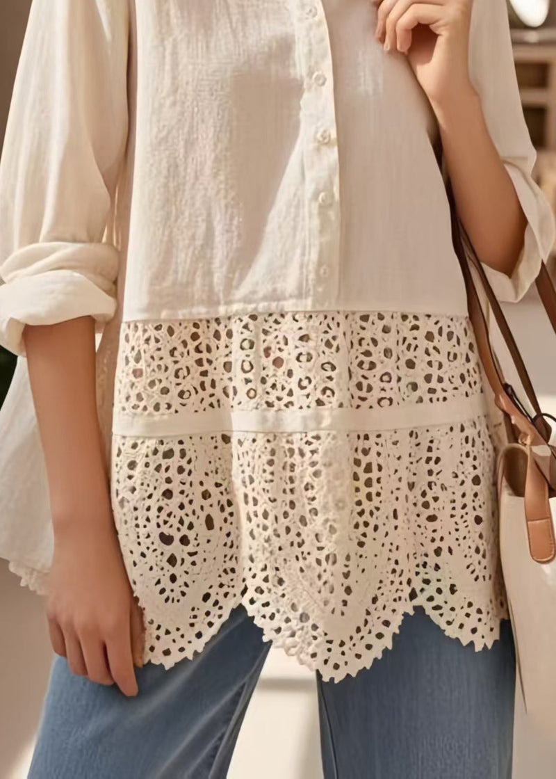 Simple Apricot Hollow Out Patchwork Lace Shirts Spring