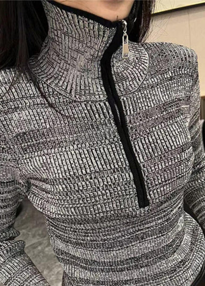 Grey Striped Zippered Zippered Cotton Knit Sweater Spring