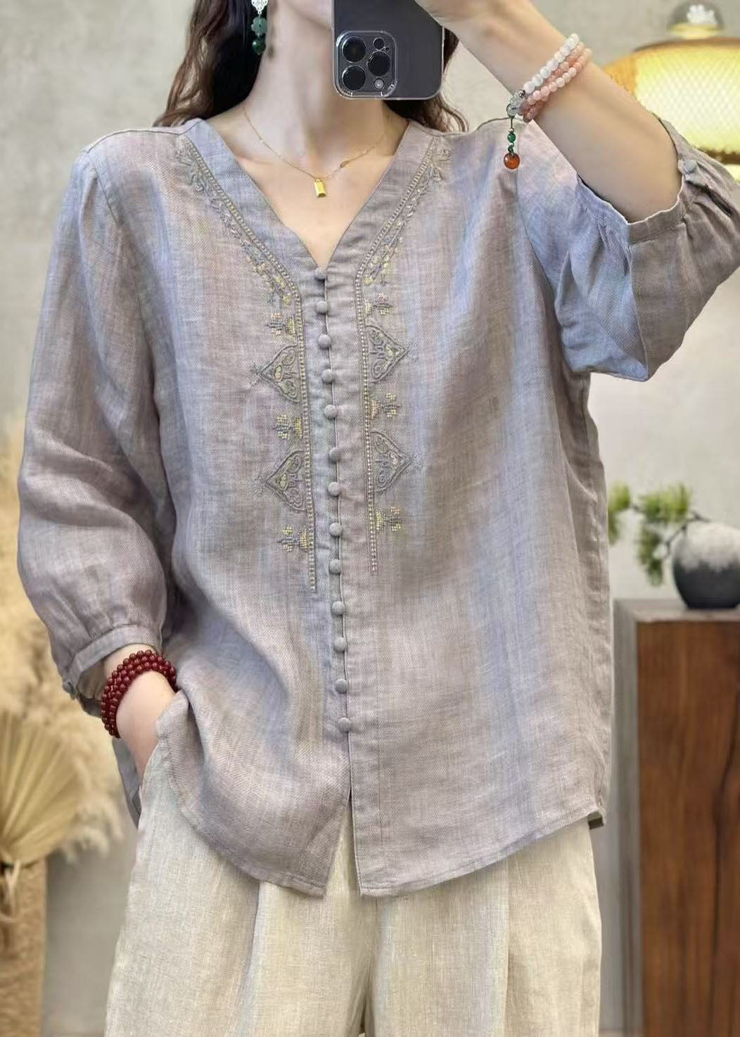 Grey V Neck Embroidered Linen Shirts Bracelet Sleeve