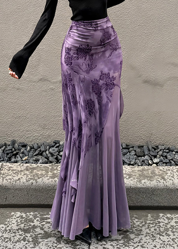 Purple Print Patchwork Tulle Wraped Skirts Spring
