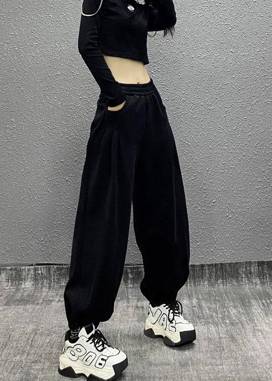 Grey Pockets Elastic Waist Cotton Beam Pants Fall