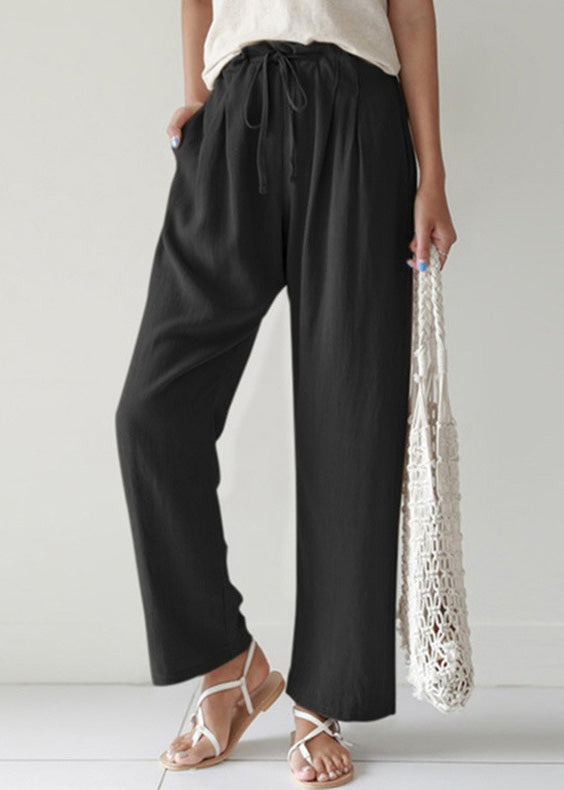 Blue Pockets Lace Up Cotton Pants Summer
