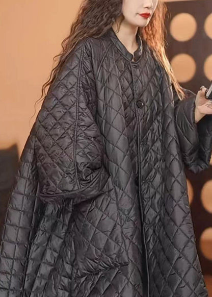 Loose Black O-neck Plaid Patchwork Button Pockets Parka Winter