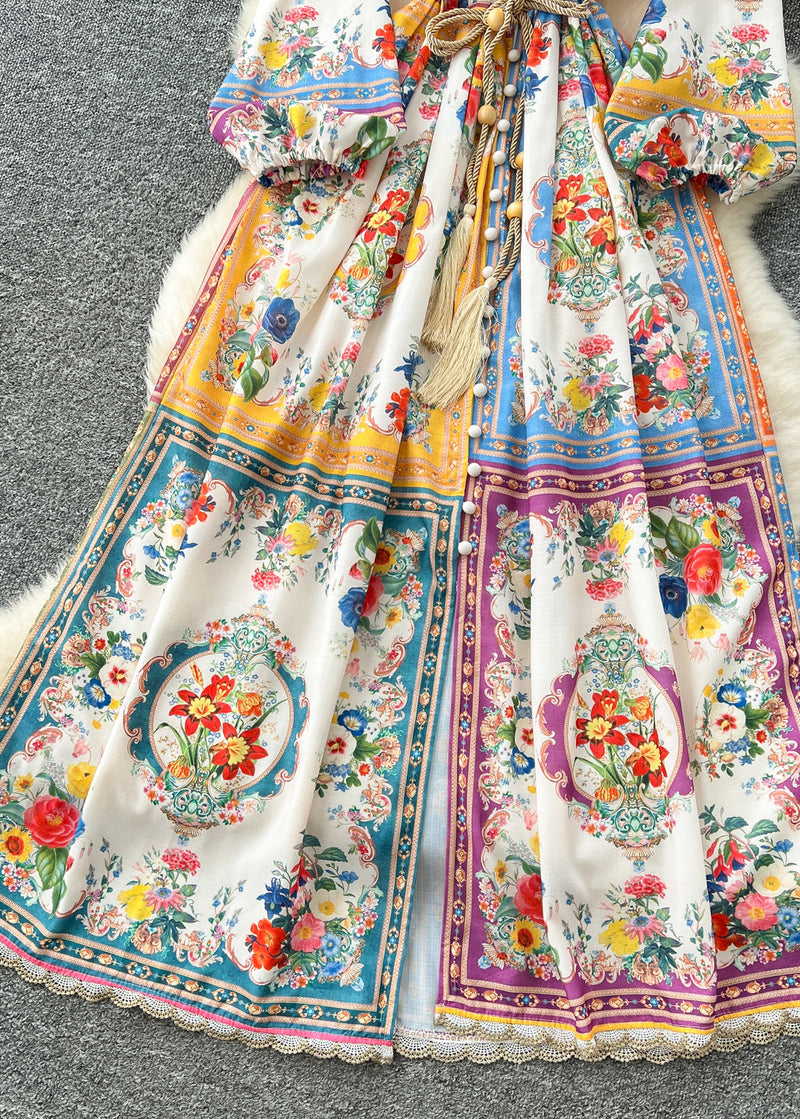 French V Neck Tie Waist Print Chiffon Party Dress Spring