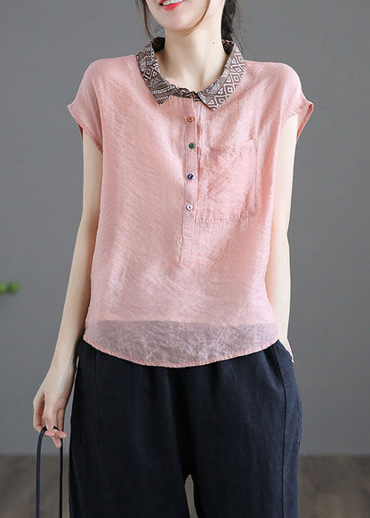 Fitted Light Blue Peter Pan Collar Pockets Patchwork Linen Blouse Tops Summer