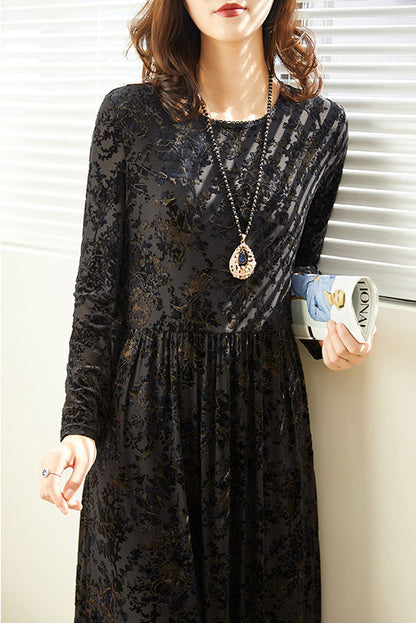 -gold Velvet Jacquard Knit Dress